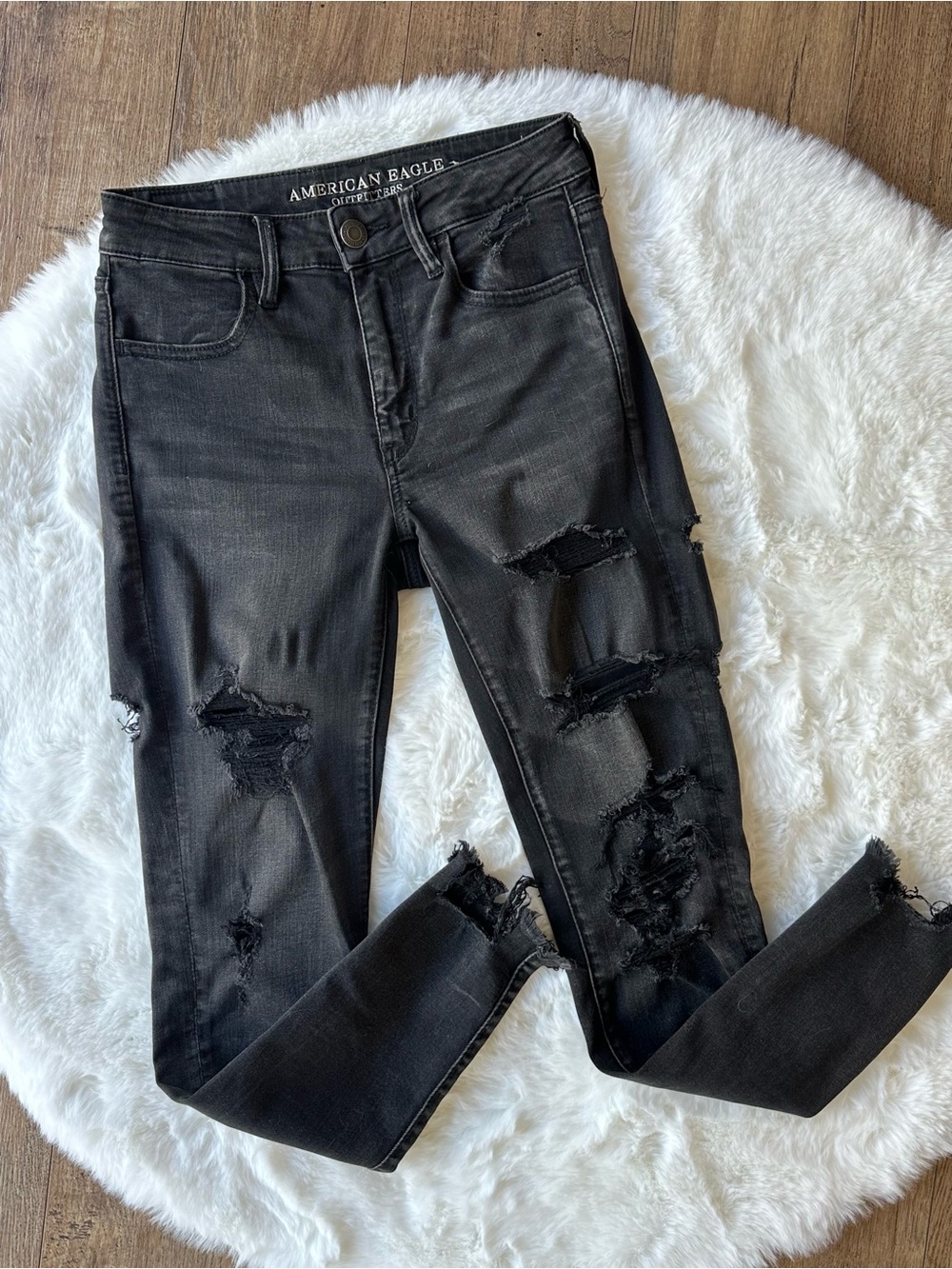 American Eagle Hi Rise Jeggings Black Ripped Skinny Jeans